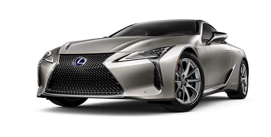 Exterior of the Lexus LC Hybrid shown in Atomic Silver on a desert background | Fox Lexus of El Paso in El Paso TX